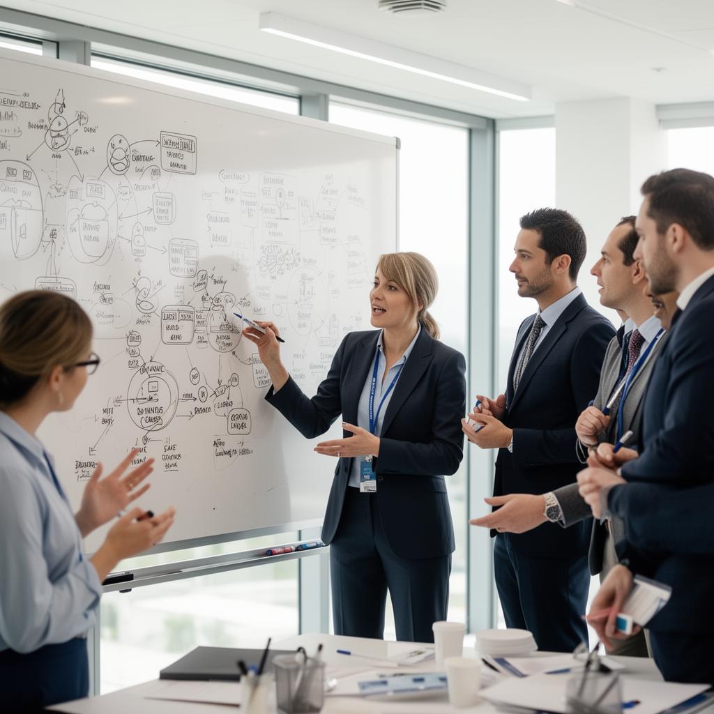 Medical professionals and benefits managers collaborating around a whiteboard during a care planning session